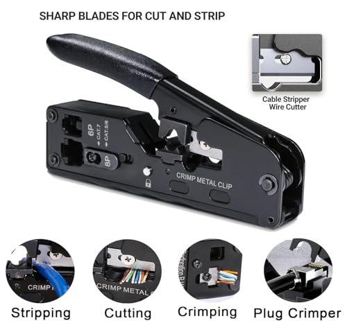Image of SmartTech Crimping Tool Cat7 / Cat5 Crimper Pass Through RJ45 Connectors Cat5 Cat5e Cat6 Cat6A Cat 7 and RJ11 RJ12 STP /UTP Telephone connectors Stripper for Ethernet Network LAN Cable
