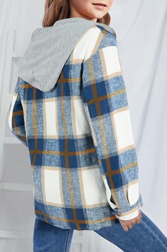 Image of Girls Cute Flannel Plaid Button Down Top with Pockets Long Sleeve Hooded Jacket