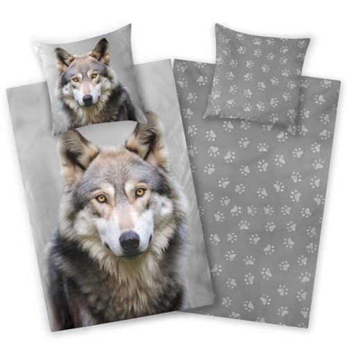Aminata kids Biber Bettwäsche Wolf-Motiv 135x200, Flanell Baumwolle mit...