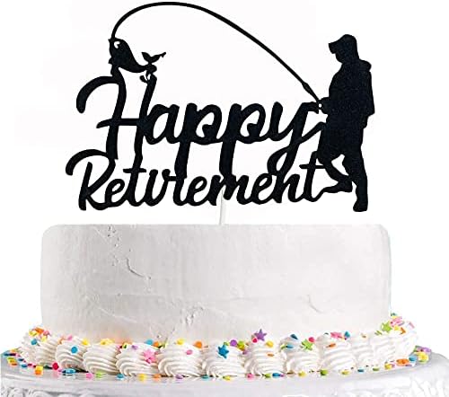 Happy Retirement Cake Topper Farewell Sign Fishing Retirement Party Decorations, Fisherman Retirement Party Cake Topper Black