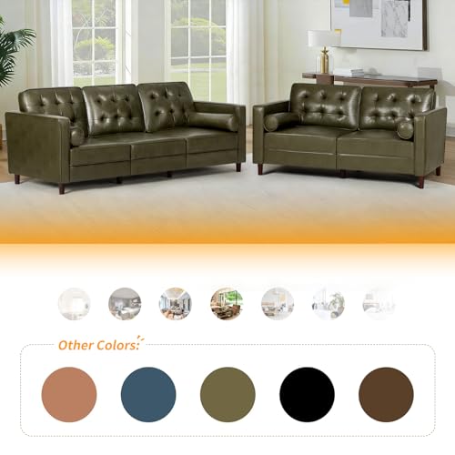 Image of 67 inch Premium Faux Leather 2-Seater Sofa with 2 Bolster Pillows and Tufted Backrest, Mid-Century Modern Loveseat Sofa, Luxury Couch for Living Room, Bedroom, Office, Olive Green