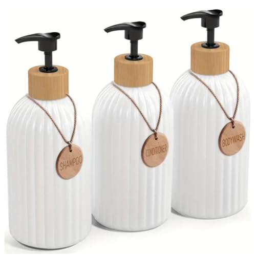 Dispensador Jabon Baño | Set de 3 Botes para Gel Champu y Acondicionador 500ML con 3 Colgantes de bambú | Este Dosificador Jabon Baño Color Blanco es Elegante y Realzará el Estilo de tu hogar