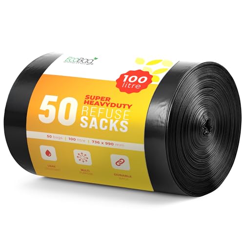 EcoBag ECO50RB 50HEAVY DUTY SUPER STRONG REFUSE SACKS 100Litre, Black