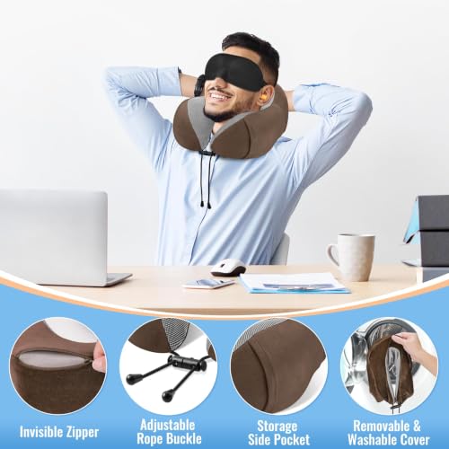 Image of CloudBliss Travel Pillow for Plane, Memory Foam Neck Pillow for Travel, Airplane Pillow with Eye Mask, Earplugs, Storage Bag, Compact Neck Pillow for Long Flight, Car & Office, Trip Essentials, Brown
