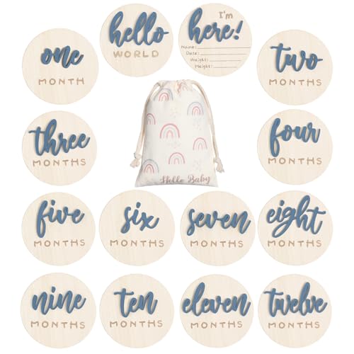 Image of Burbell 7 Pack 3D Baby Monthly Milestone Card Signs Baby Announcement Sign Double Sided Hello World Newborn Signs Wooden Circles Discs for Welcome Newborn Boy Girl Photo Props(Slate Blue,Letter)