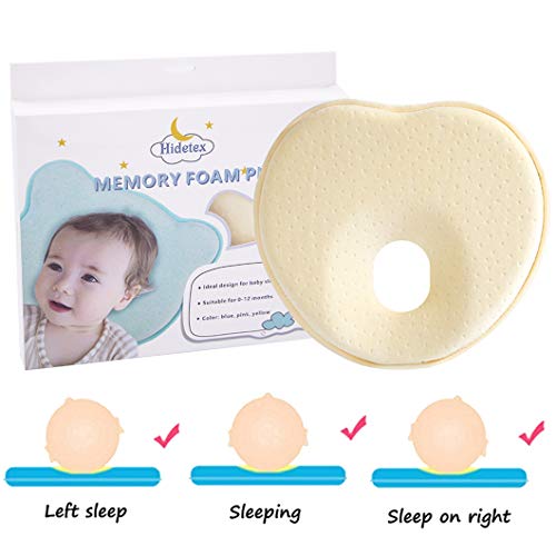 Hidetex Baby Pillow - Preventing Flat Head Syndrome (Plagiocephaly) for Your Newborn Baby?Made of Memory Foam Head- Shaping Pillow and Neck Support (0-12 Months)(Heart Yellow)