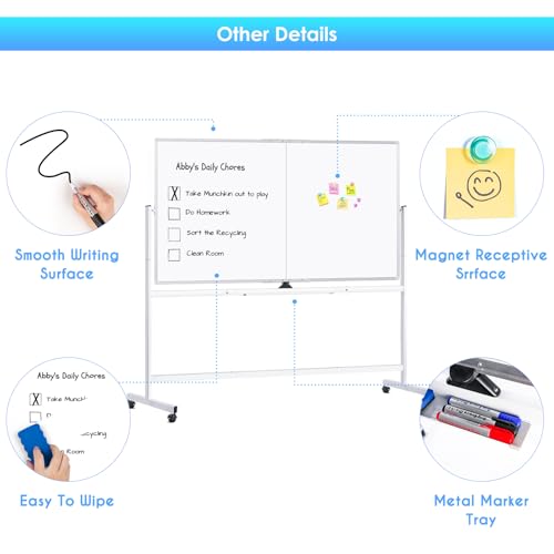 Image of Maxtek Rolling Whiteboard on Wheels 72x48 Large Double-Sided Magnetic Board