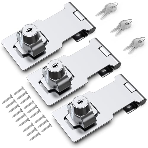 Image of 3 Inch Keyed Hasp Lock for Cabinets & Small Doors, Twist Knob Design, Heavy Duty Zinc Alloy with Chrome-Plated Iron, Includes Keys & Screws - Silver, 3 Pack
