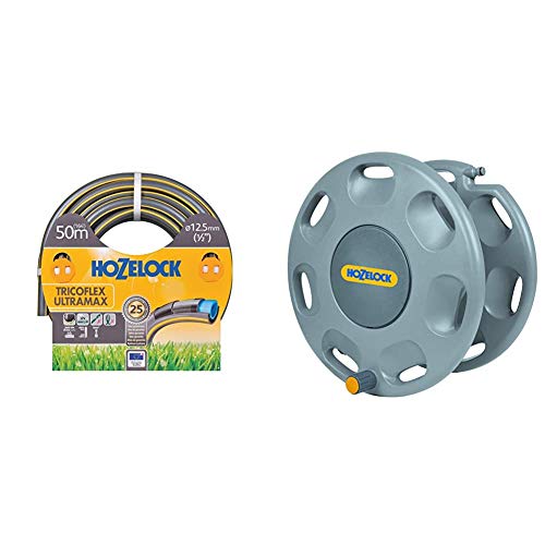 Image of Hozelock 7950P0000 Trico Flex Ultra Max Anti-Crush 50 m Hose & Hozelock 2390D0000 60m Wall Mounted Reel without Hose and Nozzle (Yellow/Gray)