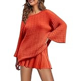 PNZLZIA Women's Knitted Striped Pleated Skirt Long Sleeve Sweater 2-Piece Set, Womens Sweater Skirt Set, Womens Lounge Set (Red,Large)