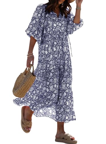 Image of miduo Womens Loose Fit Casual Summer V Neck Half Sleeve Bohemian Geometric Pattern Maxi Long Dresses