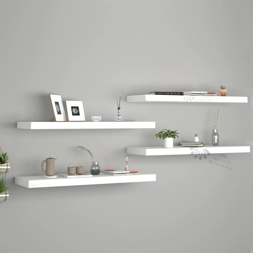 ANTICO WOODENIA® Wooden Floating Wall Shelf| Wall Mount| Wall Rack| Wall Bracket for Home and Office Decor | Big Mounted Cabinets (Large, Set of 4,White)