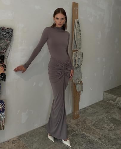 Image of Womens Sexy Maxi Dress Long Sleeve Ruched Bodycon Turtleneck Club Party Casual Wedding Dresses