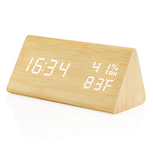 Oct17 Wooden Alarm Clock, Wood LED Digital Desk Clock, Upgraded with Time Temperature, Adjustable Brightness and Voice Control, Humidity Displaying - Bamboo