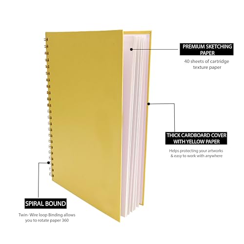 Image of Notehouse A4 Sketchbook Hard Bound Made for Artist 140 GSM Art Notebook (30x21 cm) | 80 White Unruled Pages | Thick Smooth Drawing Paper | Yellow Hard Cover