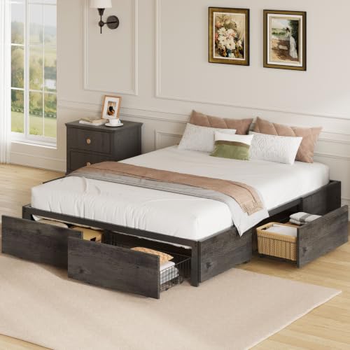 LIKIMIO Queen Bed Frame with 4 Storage Drawers, Charcoal Grey