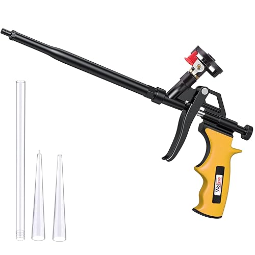Wolline Professional Spray Foam Insulation Gun (Foam Gun + 2 Nozzle) Teflon-Coated Expanding Foam Gun Foam Dispensing Gun for Caulking Insulating Foam Applicator Yellow - 1 Pack