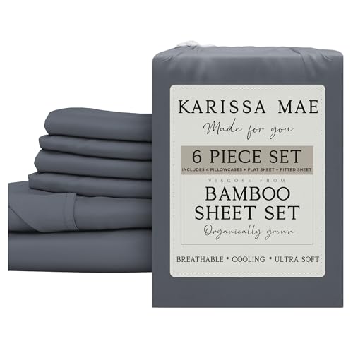 Image of KARISSA MAE 6 Piece Luxury Bamboo Viscose King Sheet Set, 4 Pillowcases | FSC Certified | Cooling | Ultra Soft | 18 inch Deep Pockets | Elastic Corner Straps | Includes Organizer Band [Charcoal Grey]