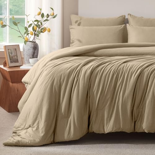 Image of Full Size Comforter Set, Comforters Full Size Luxury Ultra-Soft Jersey Knit Bedding Sets, Khaki Lightweight Down Alternative Bed Comforter for All Season, 3 Piece Bedding Set