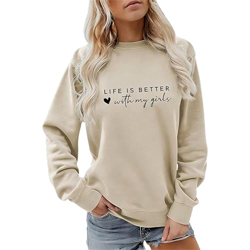 Image of Women's Casual Printed Crewneck Long Sleeve Hoodie, Lightweight Relaxed Fit for Layering, Soft Polyester Blend, Ideal for Daily Wear or Outdoor Activities (Beige, XL)