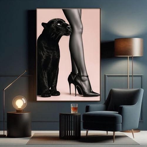 Peinture de chat noir sur toile imprimée : tableau panthère noire haut de gamme avec cadre