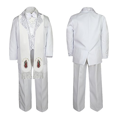Image of Baby Boy Teen Christening White Paisley Suit Gold Guadalupe Mary on Stole SM-20
