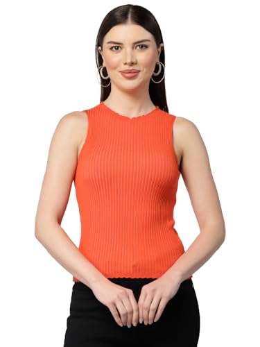 Image of Kalt Womens Knitted, Ribbed Cotton Fitted Sleeveless Round Neck Cami Tank Top