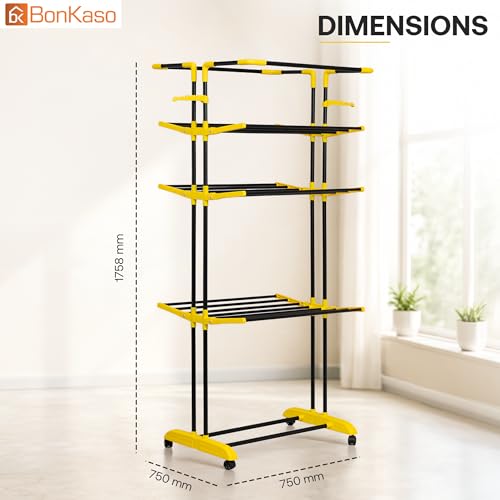 Image of BonKaso AirFold Max 4-Tier Double Pole Foldable Clothes Drying Stand, Portable Heavy Duty Alloy Steel Laundry Rack with 360 Wheels and 8 Hanger Slots, for Indoor and Outdoor Use, Black & Yellow