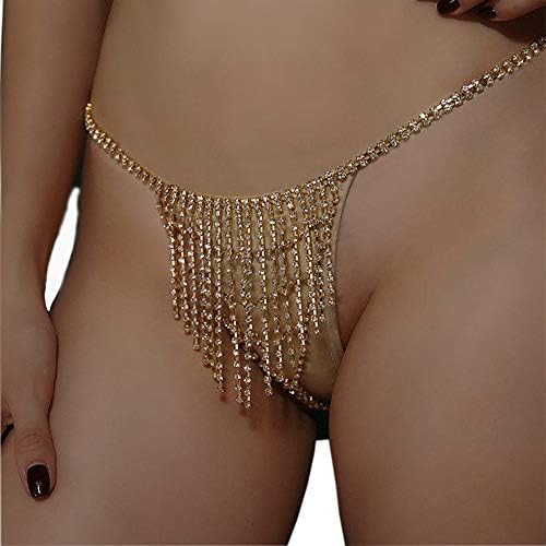Women Sexy Rhinstone Underwear Thong Panties Bridal Crystal Tassel Body Chain Jewelry Bikini Crystal Waist Body Chain for Nightclub (Gold)