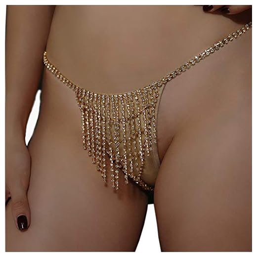 Women Sexy Rhinstone Underwear Thong Panties Bridal Crystal Tassel Body Chain Jewelry Bikini Crystal Waist Body Chain for Nightclub (Gold)