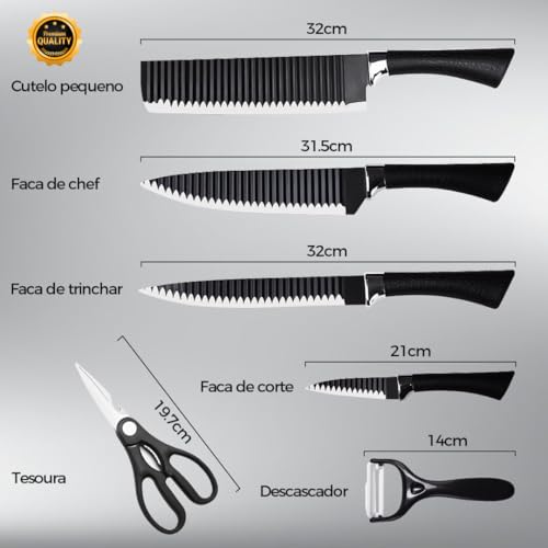 Kit de Facas Profissional 6 Peças + Amolador de Facas Premium – Super Afiado, Ergonômico e Inoxidáve