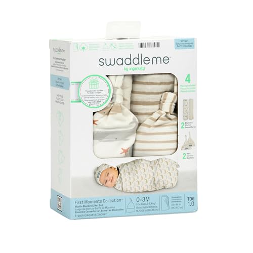 Image of SwaddleMe by Ingenuity First Moments Collection Muslin Blanket & Hat Gift Set, 4-Piece Baby Gift (2 Blankets + 2 Hats), Soft Breathable Cotton, Neutral Whale, Stripe & Swirl Prints, Newborn Essentials