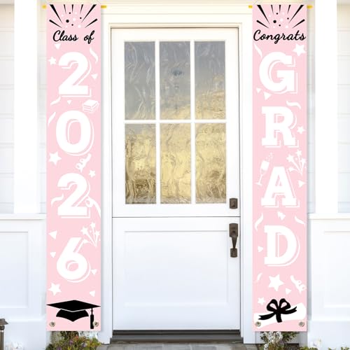 Image of Graduation Porch Banner Class Sign Congrats Grad Hanging Flags High School College University Party Decoration For Front Door Outdoor Pink