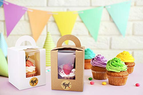 Eupako 50 Pcs Single Cupcake Carriers With Window Insert And Handle Brown Kraft Individual Cupcake Boxes For Bakery, Pastry, Muffins With 100 Stickers #TOP3