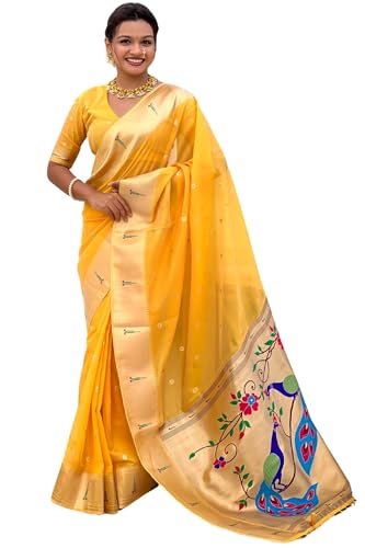 Image of SGF11 Women's Organza Kanjivaram Pure Soft Silk Handloom Saree Pure Golden Zari With Blouse Piece