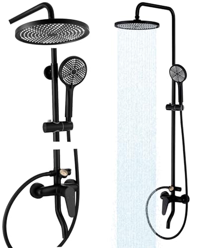 RALANDA Outdoor Shower Fixture,3 Functions Handle Tub Rainfall Shower Faucet Sets with Dial Thermometer Brass Valve, Exposed Shower System with 10'' Rainfall Shower Head Adjustable (Matte Black)