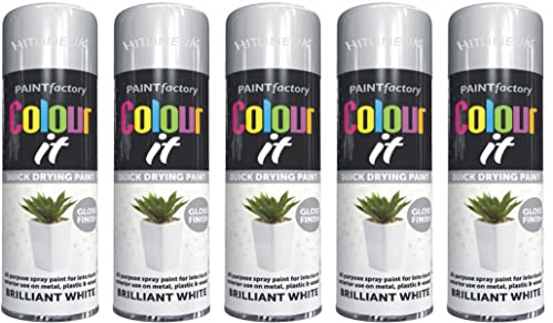 HitlineUK WHITE PAINT SPRAY, BRILLIANT WHITE GLOSS FINISH SPRAY PAINT DECORATIVE WOOD METAL PAINT COLOUR - IT 250ML (5 CANS)
