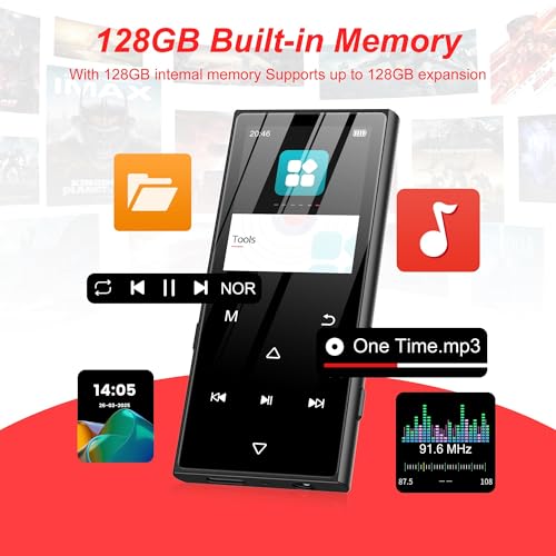 Image of 128GB MP3 Player with Bluetooth 5.3, SWOFY D50 Portable Music Player Built-in HD Speaker, FM Radio, Voice Recorder, HiFi Sound, E-Book, Earphones Included, Supports Expanded Up to 256GB Black