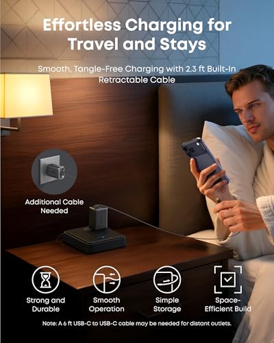 Image of Anker Nano USB C Charger Block, 35W Max 2-Port Compact Charger with Durable Built-in Anker InstaCord Retractable Cable, with iPhone 17 /16 /15 Series, iPad, and More(Black,Non-Battery)