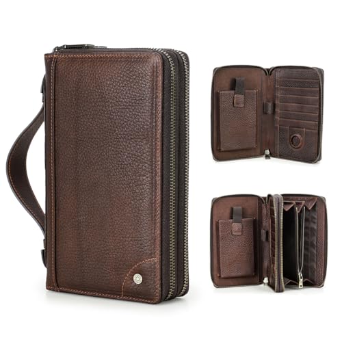Contacts Full Grain Leather Clutch Bag for Men Anti-Lost Wallet Airtag Purse Travel 18 Cards Organizer Rfid Zipper Phone Wristlet Handbag (Brown)