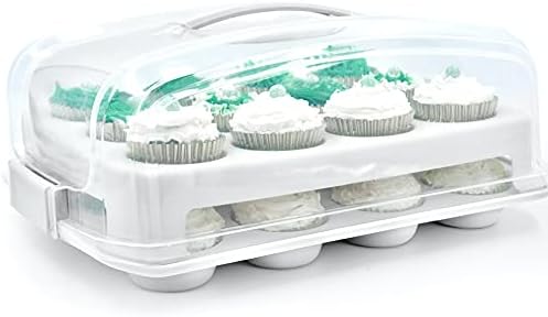 Top Shelf Elements Cupcake Carrier, Fashionable White Cupcake Holder Carries 24 Standard-Size Cupcakes, Durable Muffin Traveler Two Tier Stand and Reusable Cupcake Box