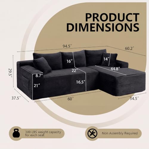 Image of 94.5 inch L Shaped Boneless Sectional Corduroy Couches for Living Room (Black)
