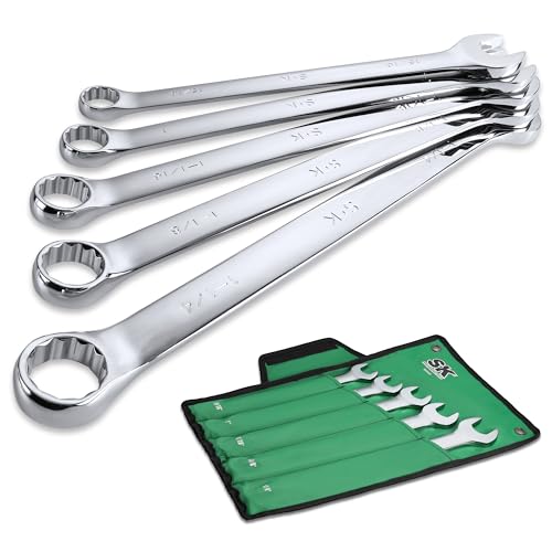 SK Long Pattern Combination Wrench Set, SAE 15/16 to 1-1/4, 5-Piece, SuperKrome Finish, Premium CR-V Construction, with Rolling Pouch