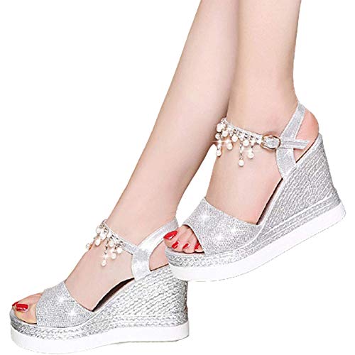 Damen Keilsandalen Mode Strandschuhe rutschfeste Hausschuhe Keilabsatz Sandalette, Strand Keil Dicke Sohle Schuhe, Strass, Perlen, Keilabsatz, wasserdichte Plattform, KüNstliche Pu,Silber,38 Cover