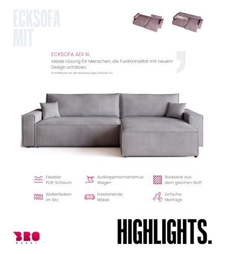 BROMARKT Sofa mit Schlaffunktion Couch L Cordstoff Sofa Bettkasten Schlafsofa für Wohnzimmer Ecksofa freistehend Adi XL Relaxsofa 3 sitzer 272x143x85 cm Hellgrau