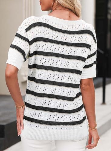 Image of EVALESS Womens Short Sleeve Sweater Casual Crewneck Knit Shirt Tops Spring Trendy Striped Color Block Crochet Sweaters