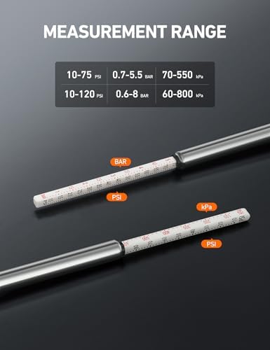 AstroAI Pencil Tire Pressure Gauge 2 Pack (10-75PSI, 10-120PSI ±2% Span), Valve Caps with Case, Stainless Steel Body, and Metal Made Nozzle 3 Measurements for Cars, Bikes, Vehicles, Pickups - 4