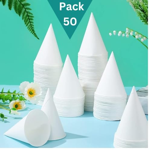 50 Pack White Snowcone Paper Cups 4.5Oz Snow Cone Cups - Pack of 100 Rolled Rim Paper Cone Cups, White Disposable Cups for Ice cream, Office Water Coolers, Sports Teams, Shaved Ice, Slushies.
