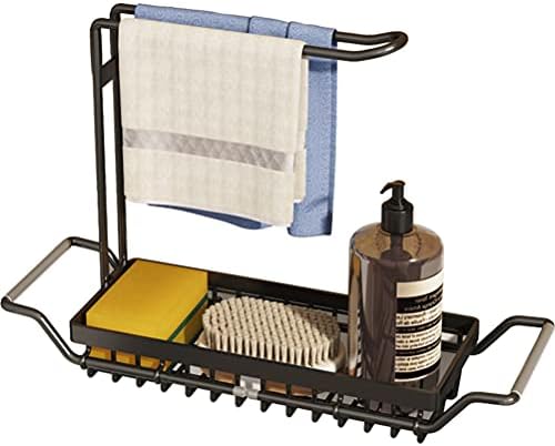 YunNasi Kitchen Sink Caddy Organizer Expandable Kitchen Sink Organiser with Hanging Rail for Dish Cloth Stainless Steel Sink Drainer Rack for Kitchen Sponge Holder (Small, Black)