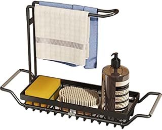 YunNasi Kitchen Sink Caddy Organizer Expandable Kitchen Sink Organiser with Hanging Rail for Dish Cloth Stainless Steel Sink Drainer Rack for Kitchen Sponge Holder (Small, Black)